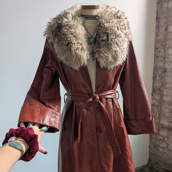 Vintage Leather Jacket Fur Trim Red 70s Penny Lane Boho Trench Afghan Coat Large - Picture 1 of 10